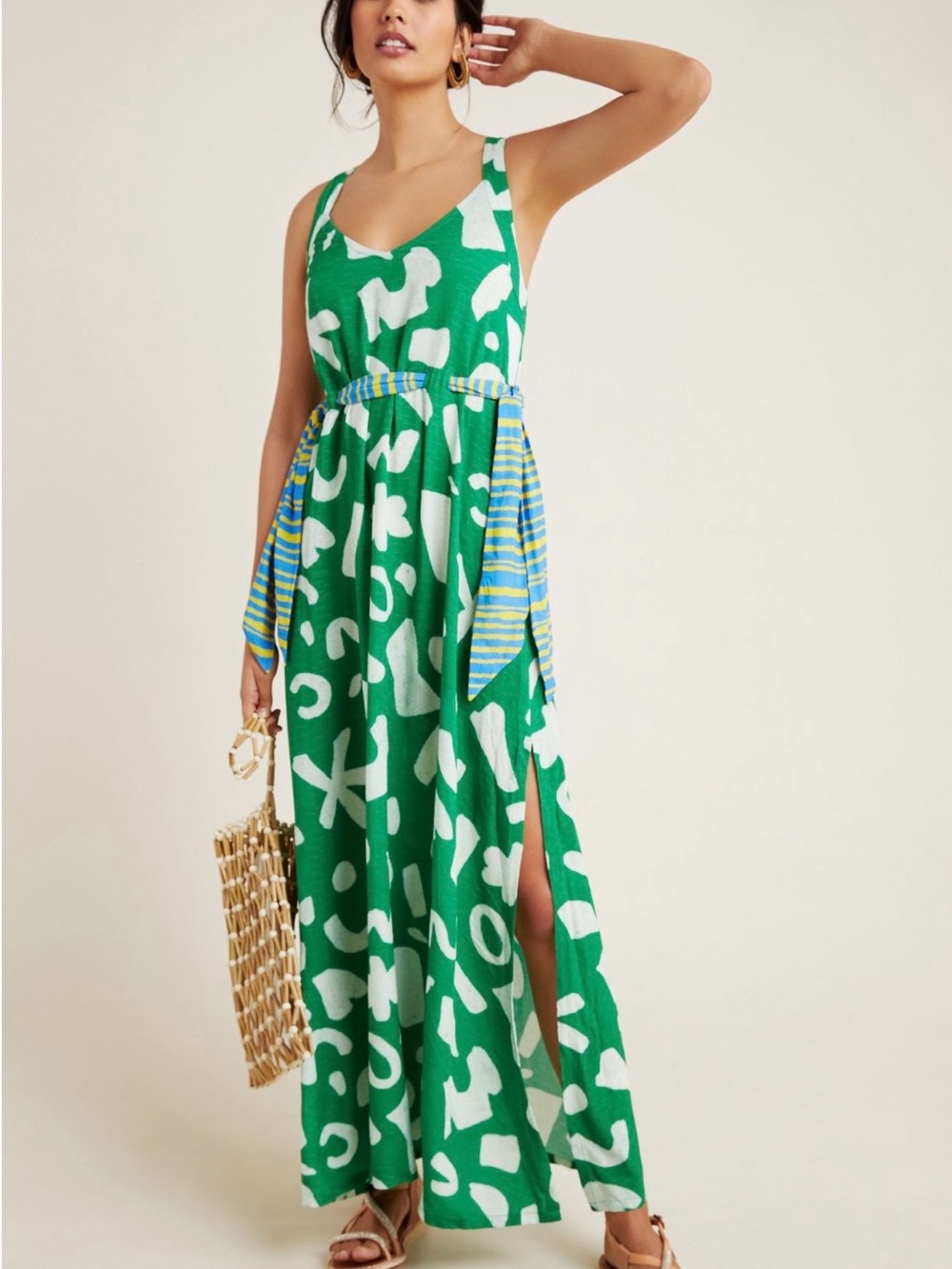 Like New! Anthro Green and White Abstract Maxi Dress with Side Slit